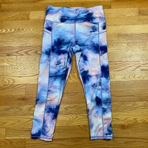 Gaiam Watercolor Leggings Womens Medium Blue Purple Side Pockets Yoga Athleisure